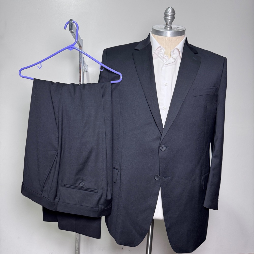 Awearness Kenneth Cole Suit Mens 46R 38W Black Solid Modern Wool Stretch